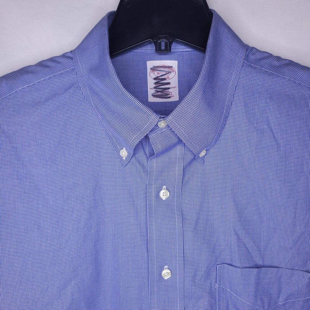 Brooks Brothers Dress Shirt Mens 16.5 Blue Houndstooth Supima Cotton Madison